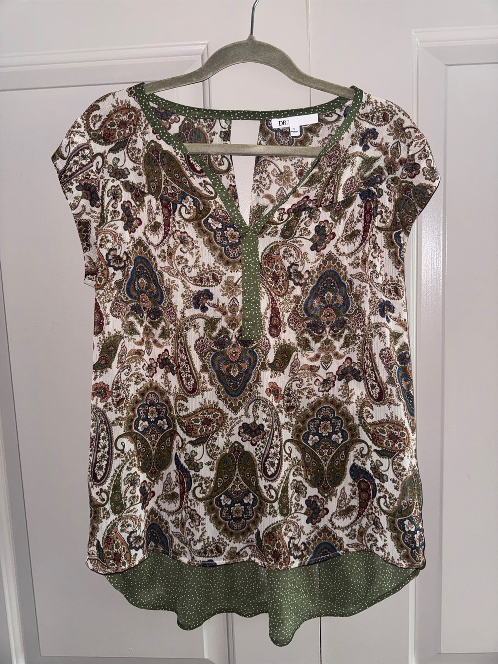 DR2 Olive Multicolor Paisley Cap Sleeve Blouse